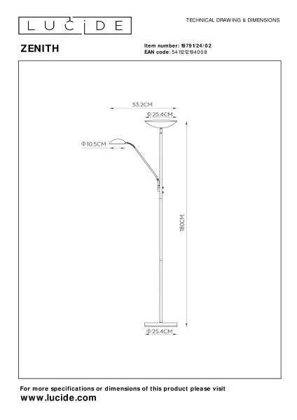 Lucide ZENITH - Floor reading lamp - LED Dim. - 3000K - Matt Gold / Brass - technical